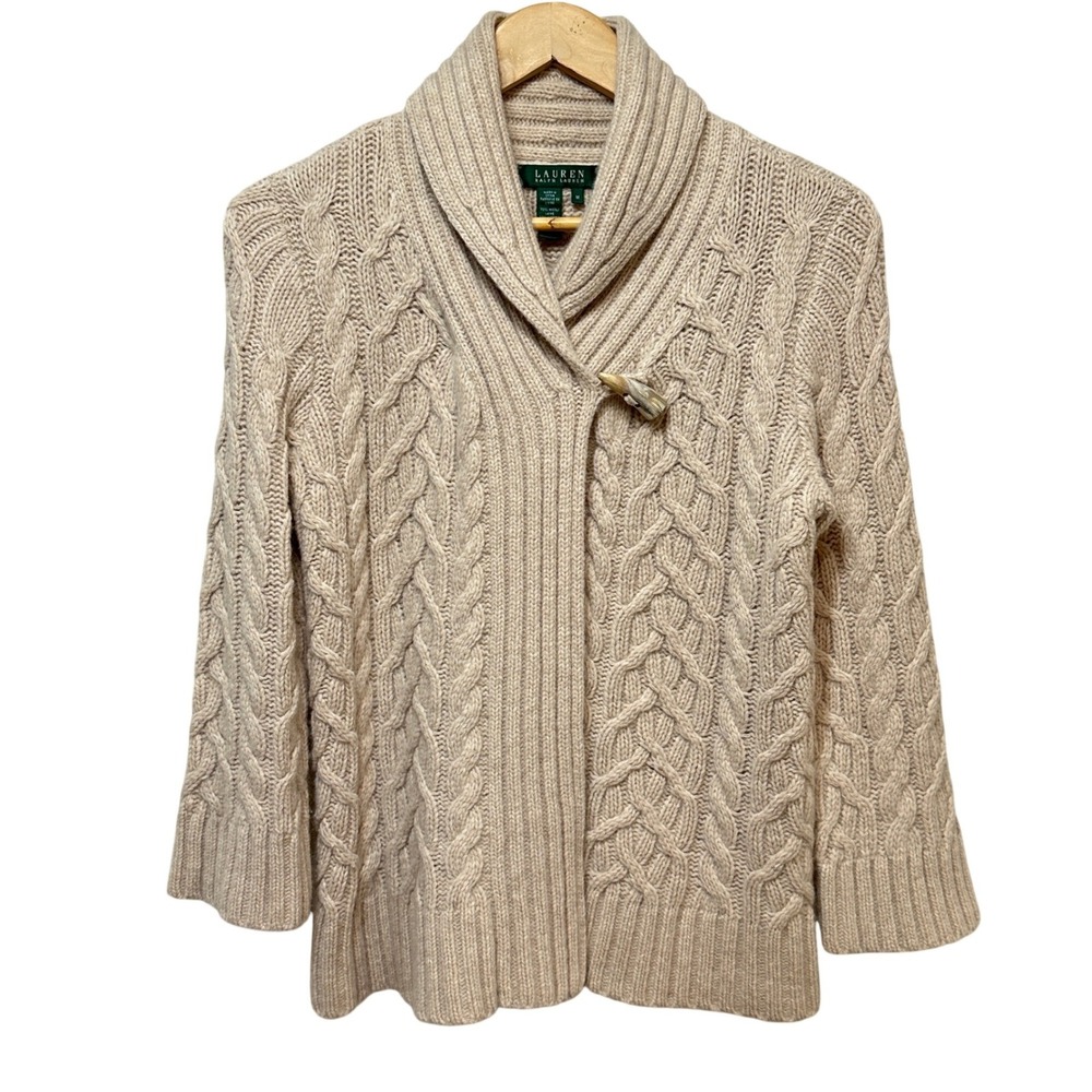 Lauren Ralph Lauren Cable Knit Cardigan Womens M Chunky Wool‎ Angora Fisherman